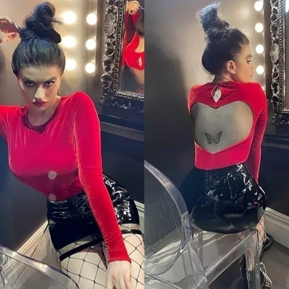 Labelrail x Sophia Hadjipanteli Heart Back Velvet Bodysuit in Red